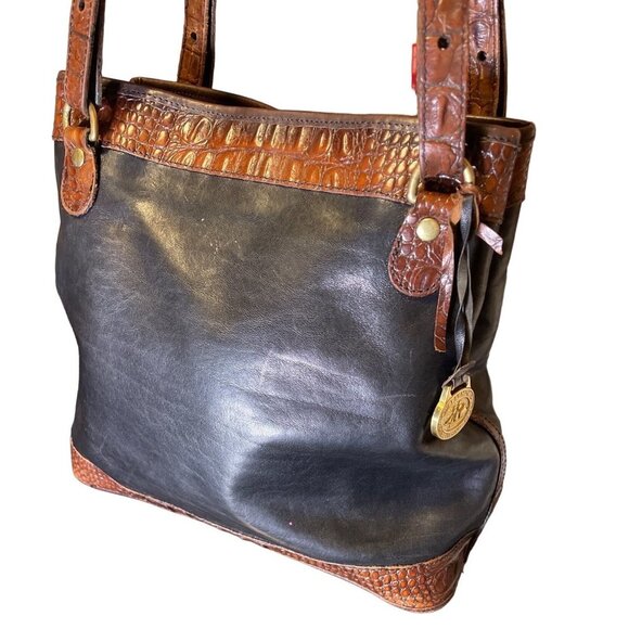 Vintage Brahmin Black Brown Croc Print Double Strap Bucket Handbag - Picture 1 of 14